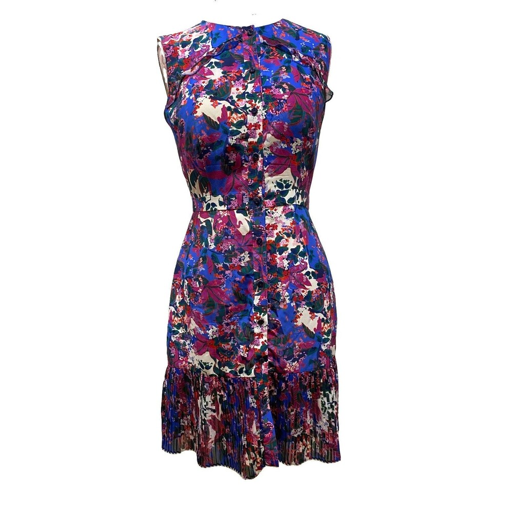 Saloni 100% Silk Floral Midi Dress Sz S Blue Purple Shift Career Office Ruffle